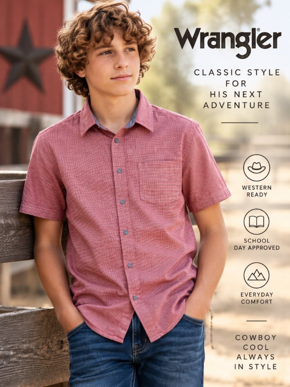 Wrangler Boys XXL 18 Red Houndstooth Button Down Shirt Western Cowboy Stretch